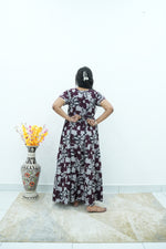 Premium Alpine 3-Layer Navy Bloom Maxi Frock – Botanical Print with Double Layer Flutter Sleeves, Square Neck & Adjustable Back Tie