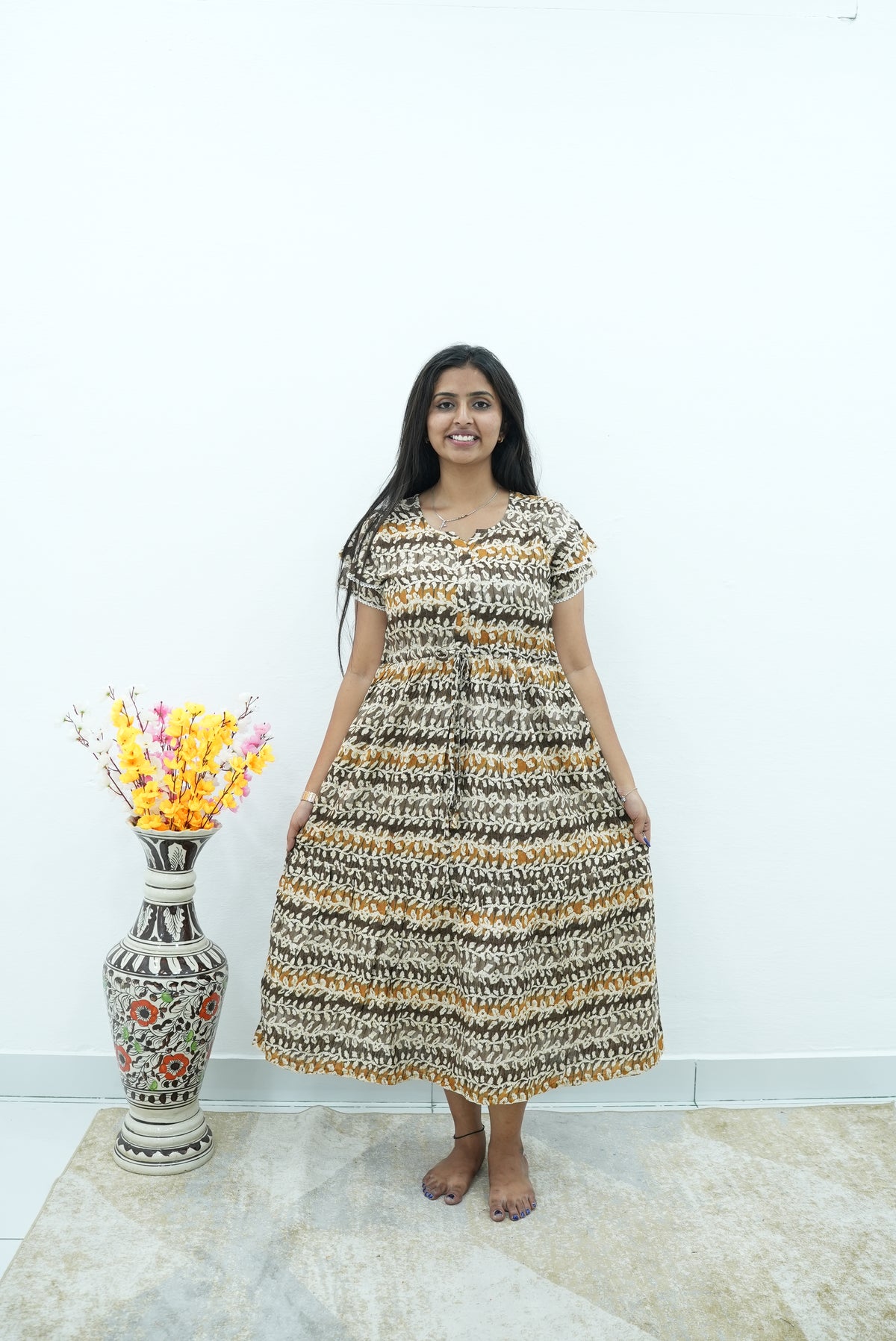 Maroon Vine Foil Rayon Maxi Dress – Double Layer Flutter Sleeve Frock with Adjustable Waist Tie & Side Pockets