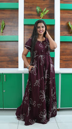 Deep Wine Red Linear Floral Rayon Gathering Frock – Adjustable Front Rope Night Gown with Double Layer Sleeve