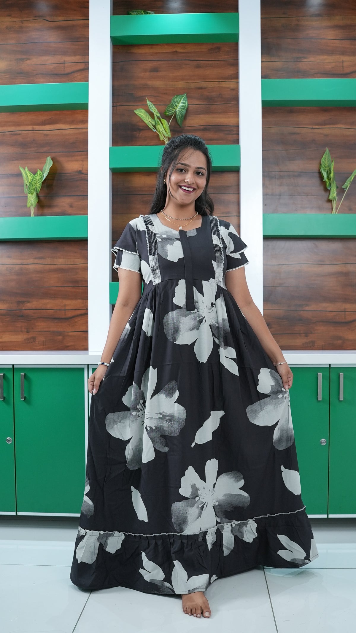 Mint Green Botanical Print Rayon Feeding Frock – Stylish Front Open Zipper Maternity Dress with Double Layer Sleeves