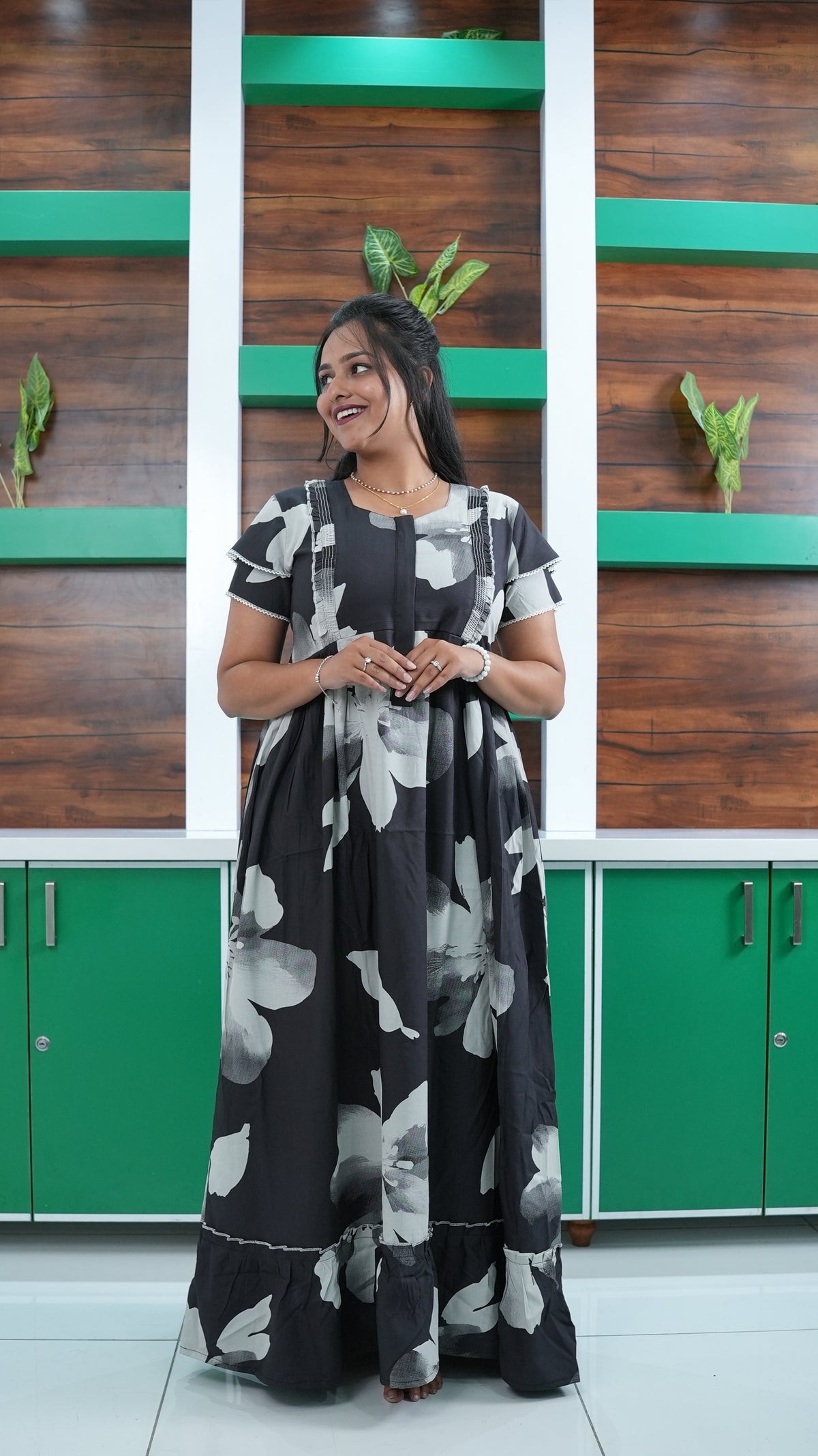 Mint Green Botanical Print Rayon Feeding Frock – Stylish Front Open Zipper Maternity Dress with Double Layer Sleeves