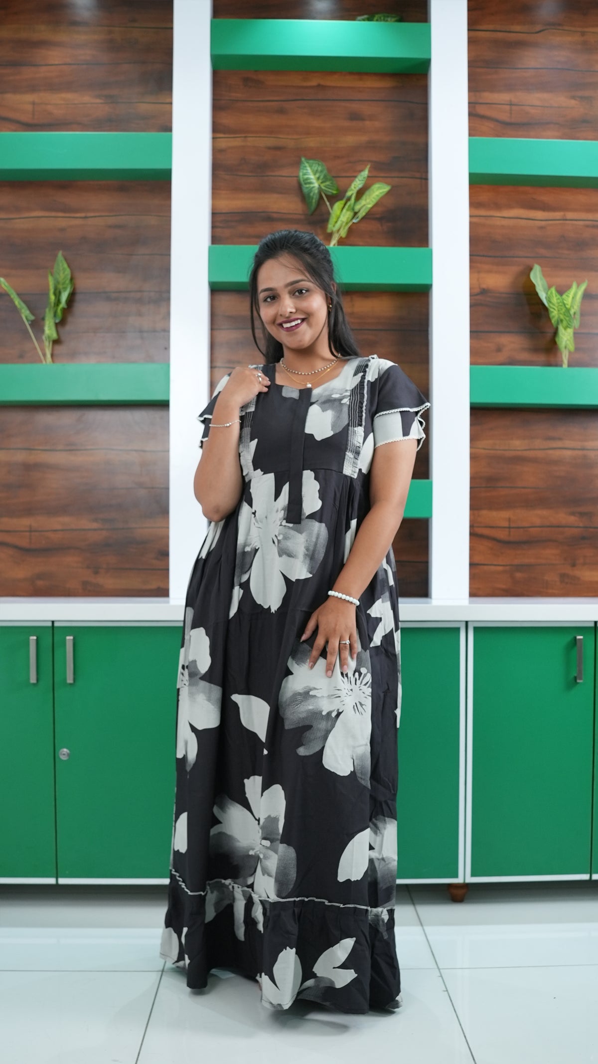 Mint Green Botanical Print Rayon Feeding Frock – Stylish Front Open Zipper Maternity Dress with Double Layer Sleeves