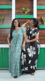 Seafoam Green Lily Print Rayon Gathering Frock – Adjustable Front Rope Night Gown with Double Layer Sleeve