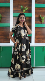 Chocolate Brown Autumn Leaf Print Rayon Feeding Frock – Stylish Front Open Zipper Maternity Dress with Double Layer Sleeves