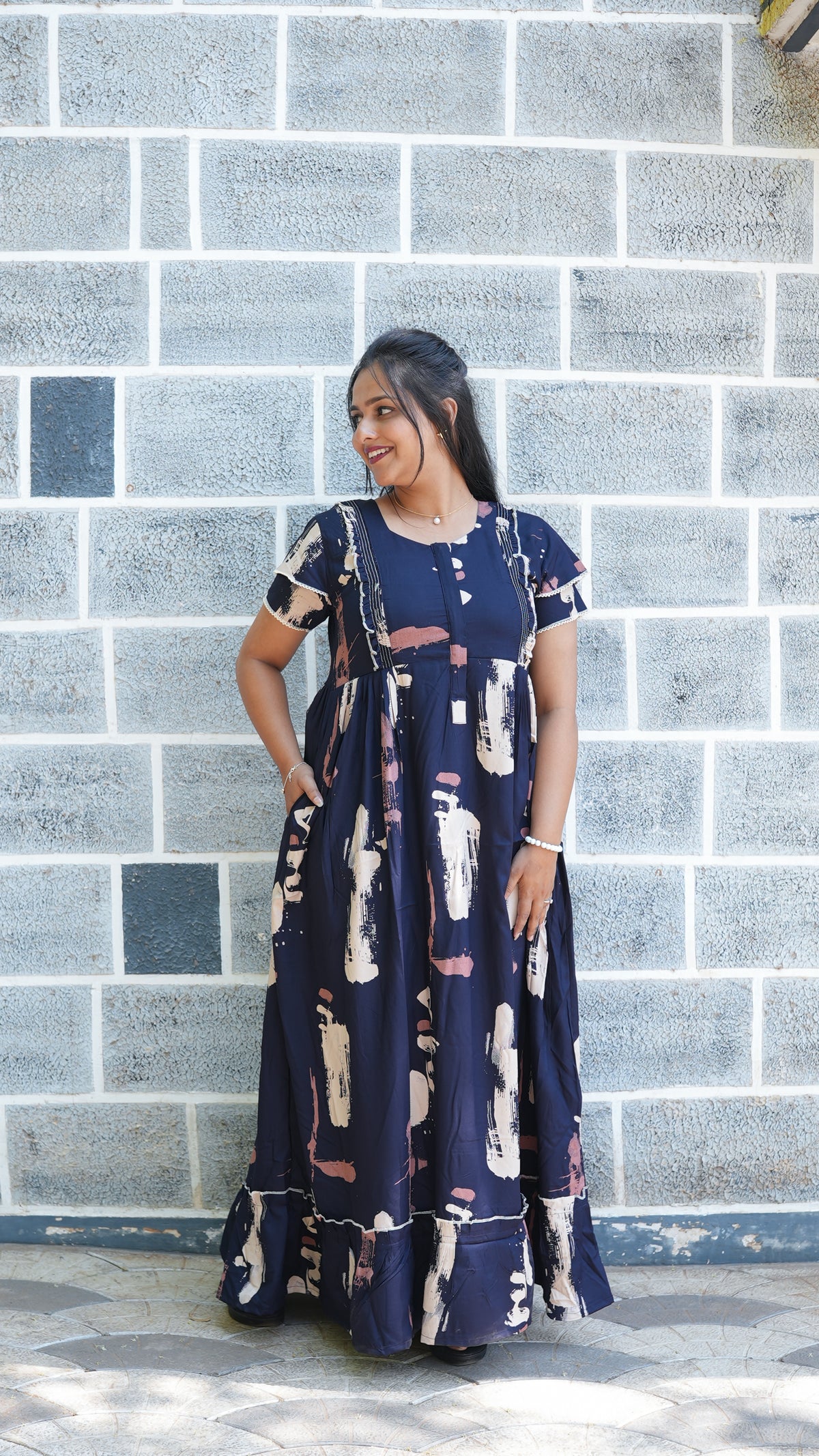 Midnight Black Abstract Brushstroke Rayon Feeding Frock – Stylish Front Open Zipper Maternity Dress with Double Layer Sleeves