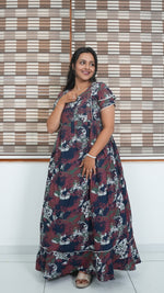Maroon & Honey Gold Shibori Print Rayon Feeding Frock – Stylish Front Open Zipper Maternity Dress with Double Layer Sleeves
