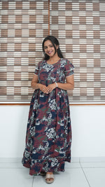 Maroon & Honey Gold Shibori Print Rayon Feeding Frock – Stylish Front Open Zipper Maternity Dress with Double Layer Sleeves