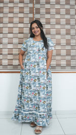 Peach Tribal Mosaic Rayon Feeding Frock – Stylish Front Open Zipper Maternity Dress with Double Layer Sleeves