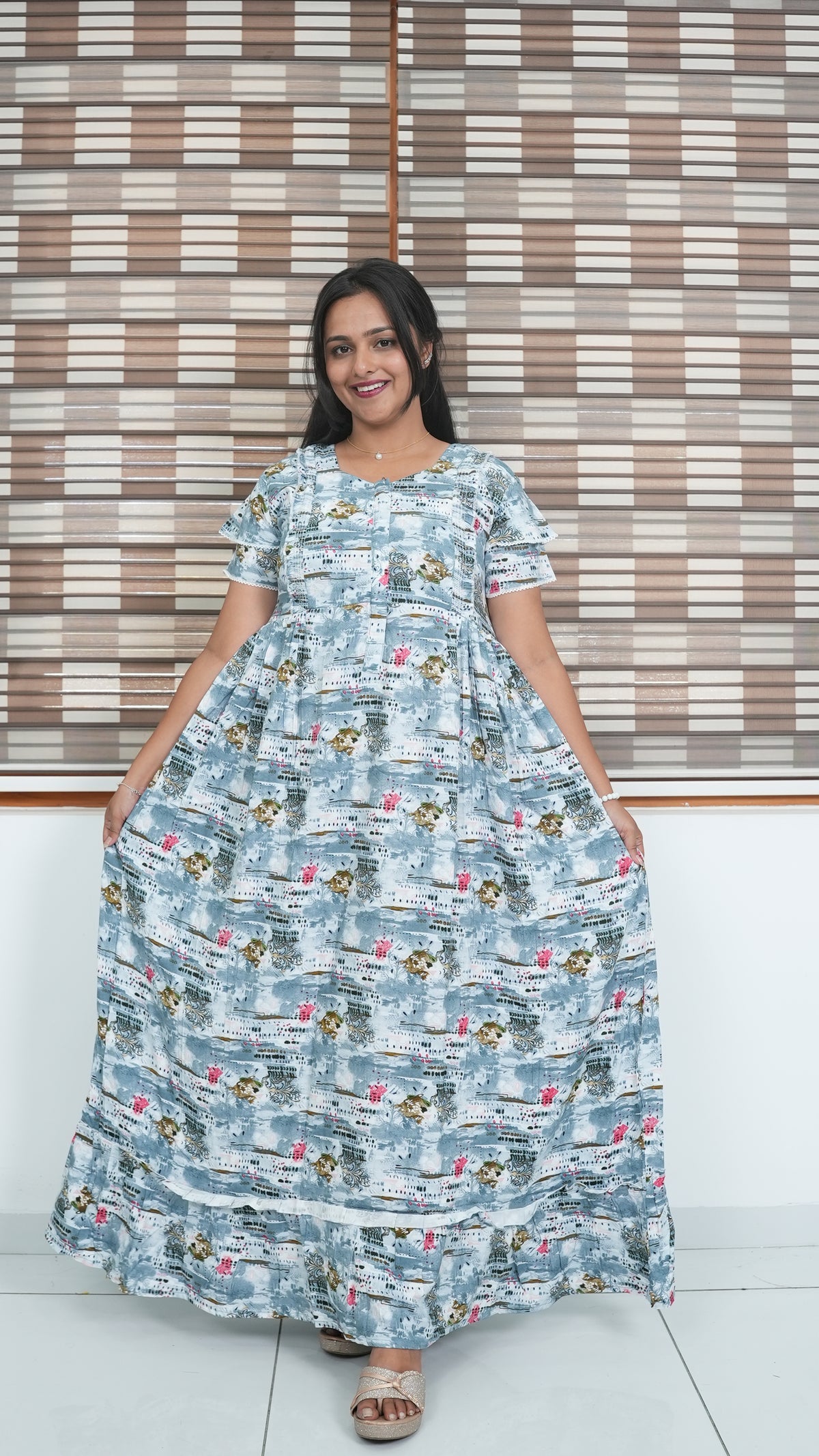 Peach Tribal Mosaic Rayon Feeding Frock – Stylish Front Open Zipper Maternity Dress with Double Layer Sleeves