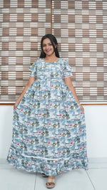 Peach Tribal Mosaic Rayon Feeding Frock – Stylish Front Open Zipper Maternity Dress with Double Layer Sleeves