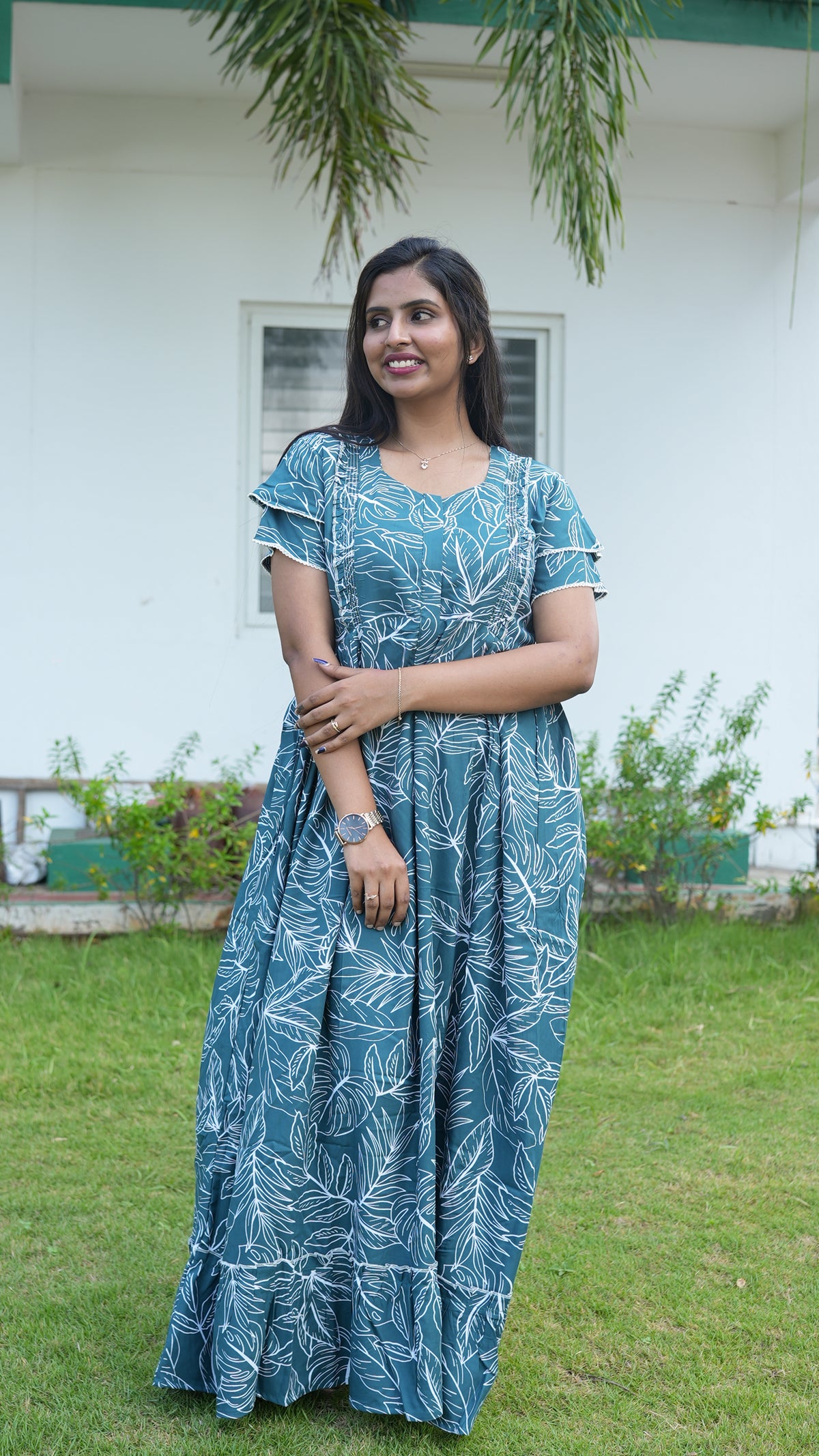 Teal Tropical Monstera Rayon Feeding Frock – Stylish Front Open Zipper Maternity Dress with Double Layer Sleeves