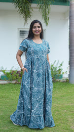 Teal Tropical Monstera Rayon Feeding Frock – Stylish Front Open Zipper Maternity Dress with Double Layer Sleeves
