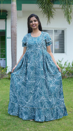 Teal Tropical Monstera Rayon Feeding Frock – Stylish Front Open Zipper Maternity Dress with Double Layer Sleeves