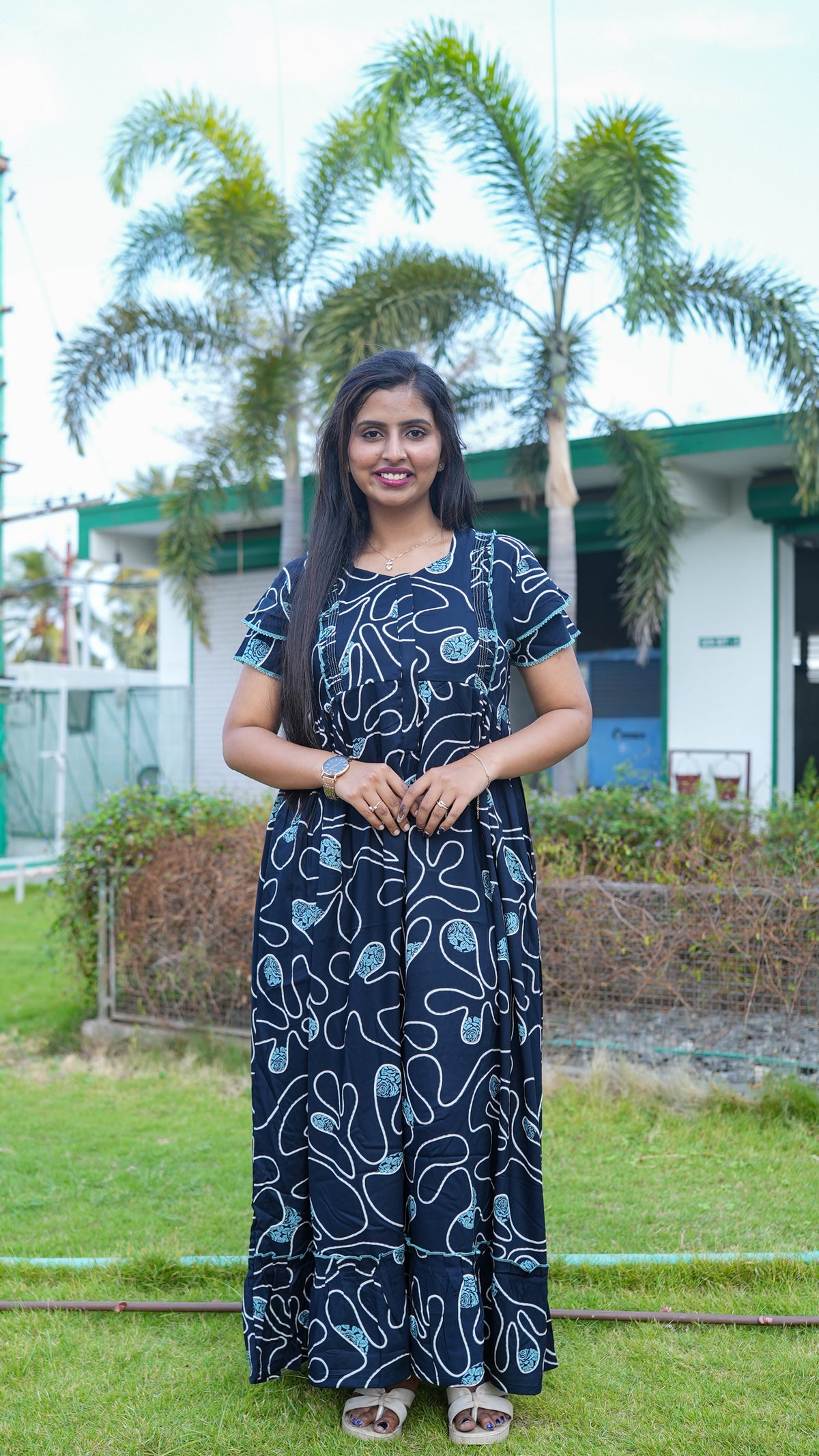 Navy Blue & Teal Floral Rayon Feeding Frock – Stylish Front Open Zipper Maternity Dress with Fancy Double Layer Sleeves