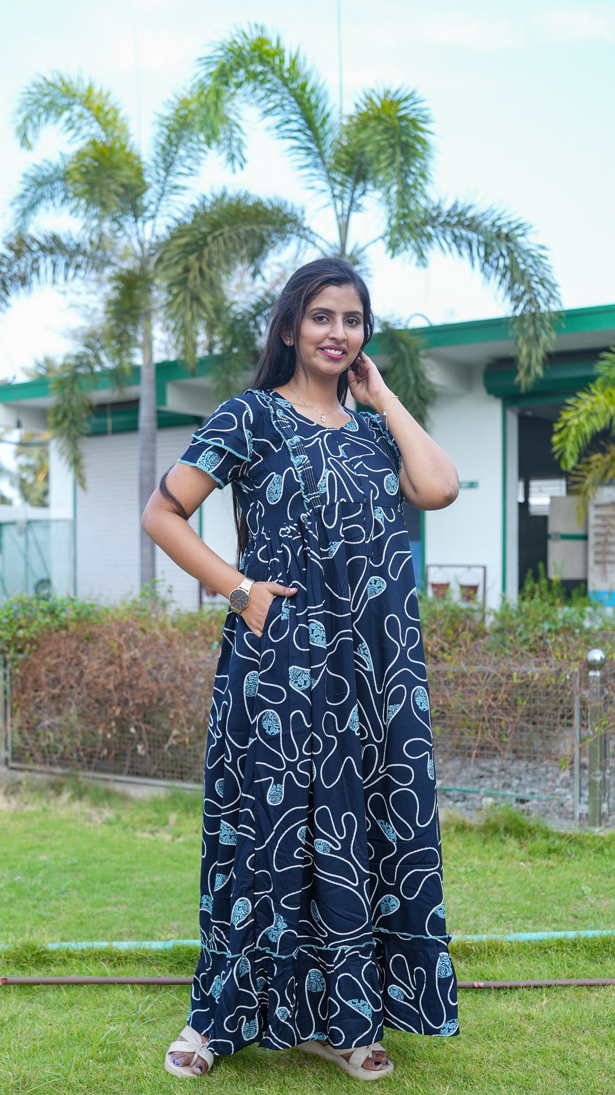 Navy Blue & Teal Floral Rayon Feeding Frock – Stylish Front Open Zipper Maternity Dress with Fancy Double Layer Sleeves