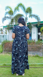 Navy Blue & Teal Floral Rayon Feeding Frock – Stylish Front Open Zipper Maternity Dress with Fancy Double Layer Sleeves