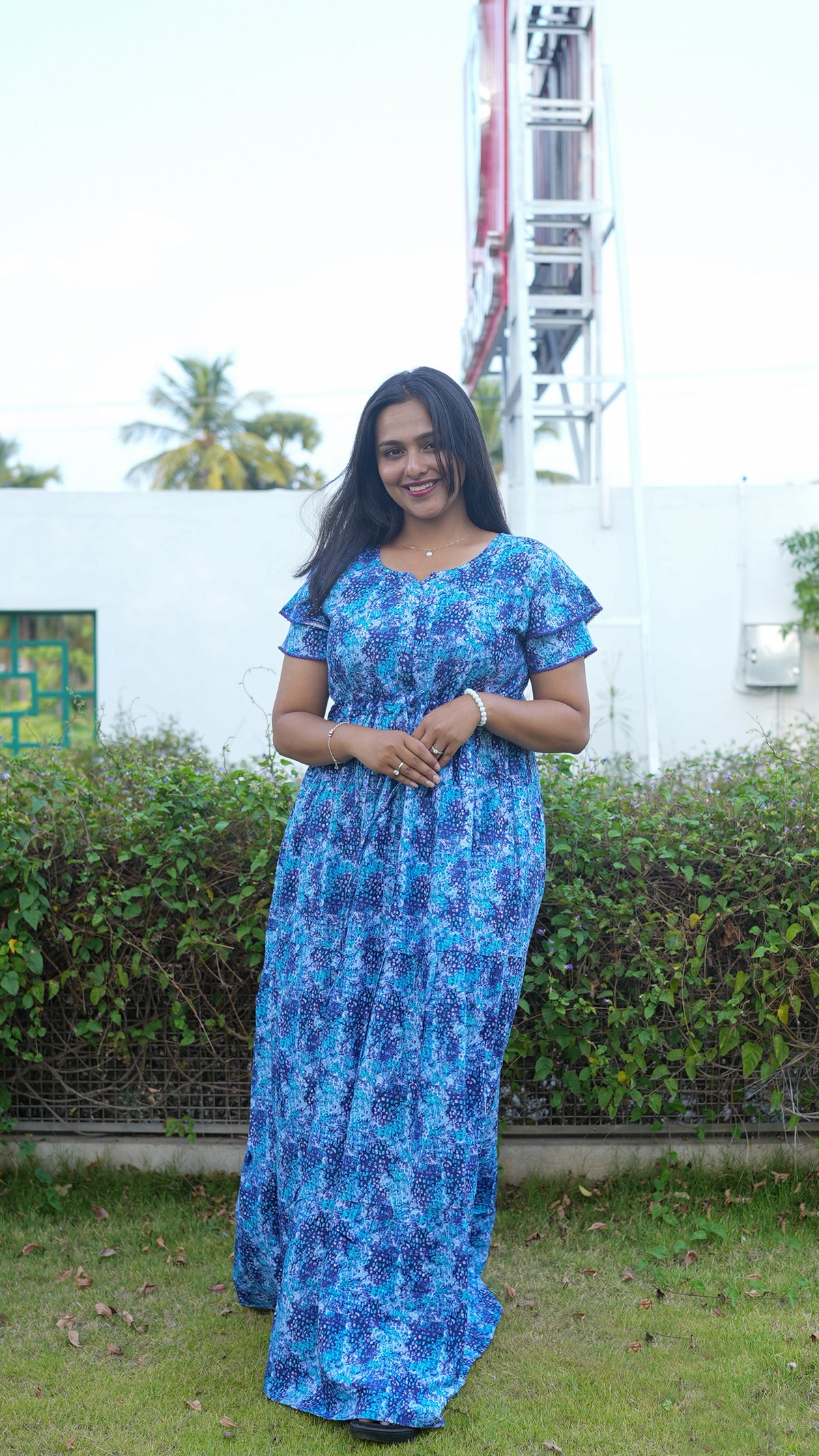 Terracotta & Magenta Abstract Print Rayon Gathering Frock – Stylish Front Rope Adjustable Nighty