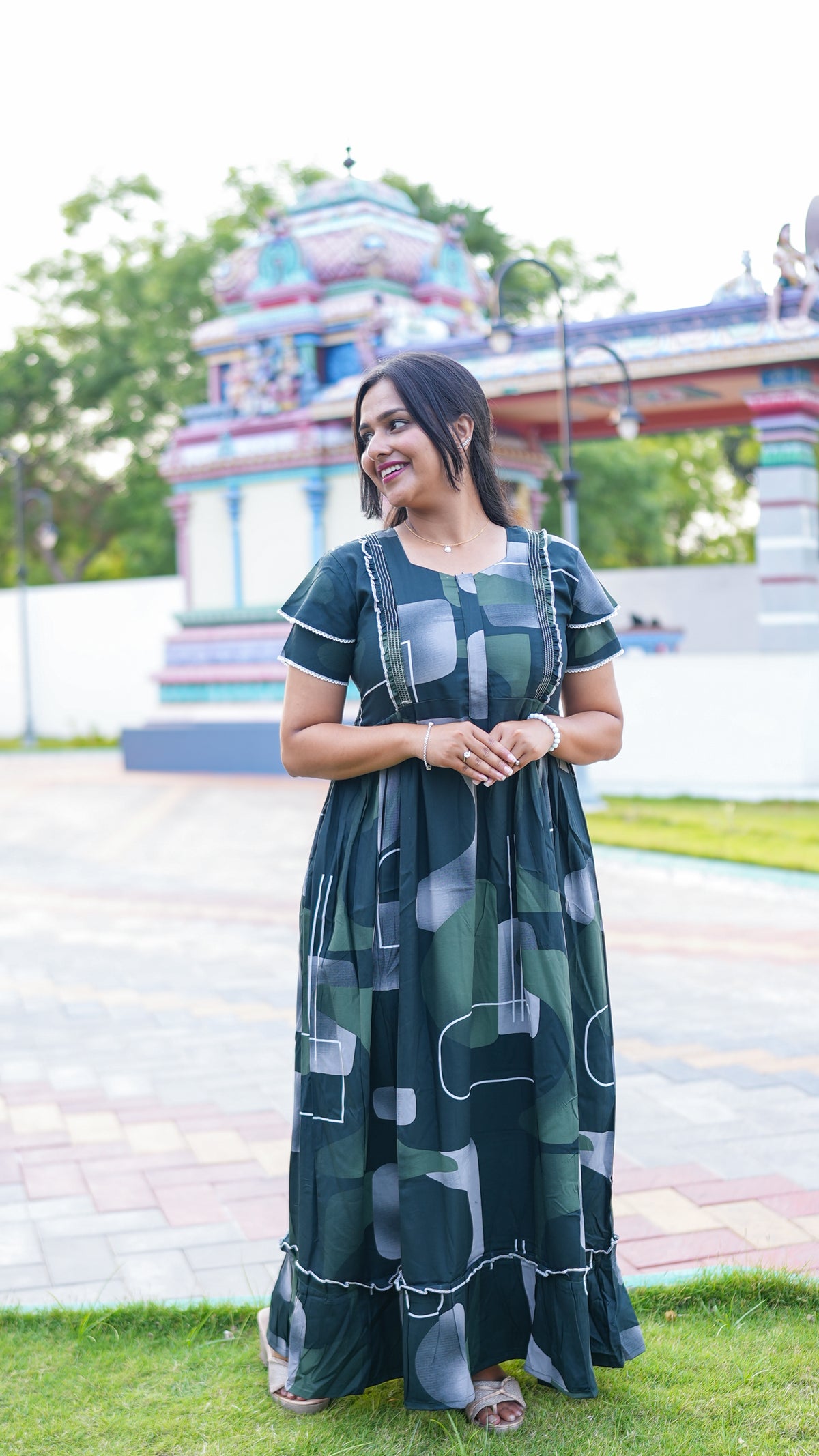 Indigo Blue Tribal Mosaic Rayon Feeding Frock – Stylish Front Open Zipper Maternity Dress with Fancy Double Layer Sleeves
