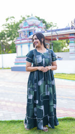 Indigo Blue Tribal Mosaic Rayon Feeding Frock – Stylish Front Open Zipper Maternity Dress with Fancy Double Layer Sleeves