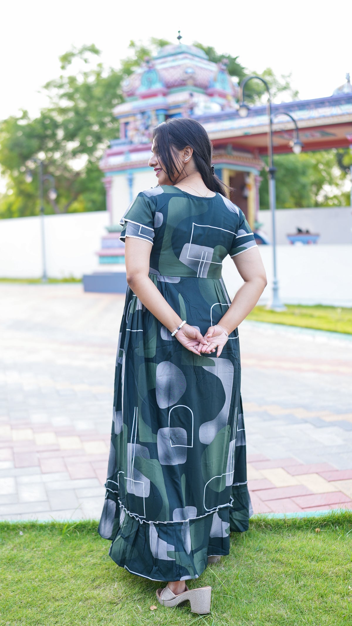 Indigo Blue Tribal Mosaic Rayon Feeding Frock – Stylish Front Open Zipper Maternity Dress with Fancy Double Layer Sleeves