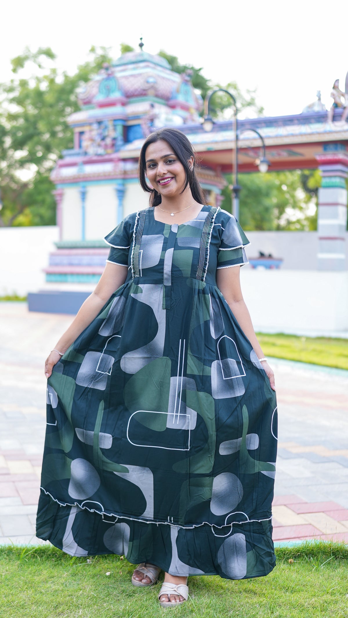 Indigo Blue Tribal Mosaic Rayon Feeding Frock – Stylish Front Open Zipper Maternity Dress with Fancy Double Layer Sleeves