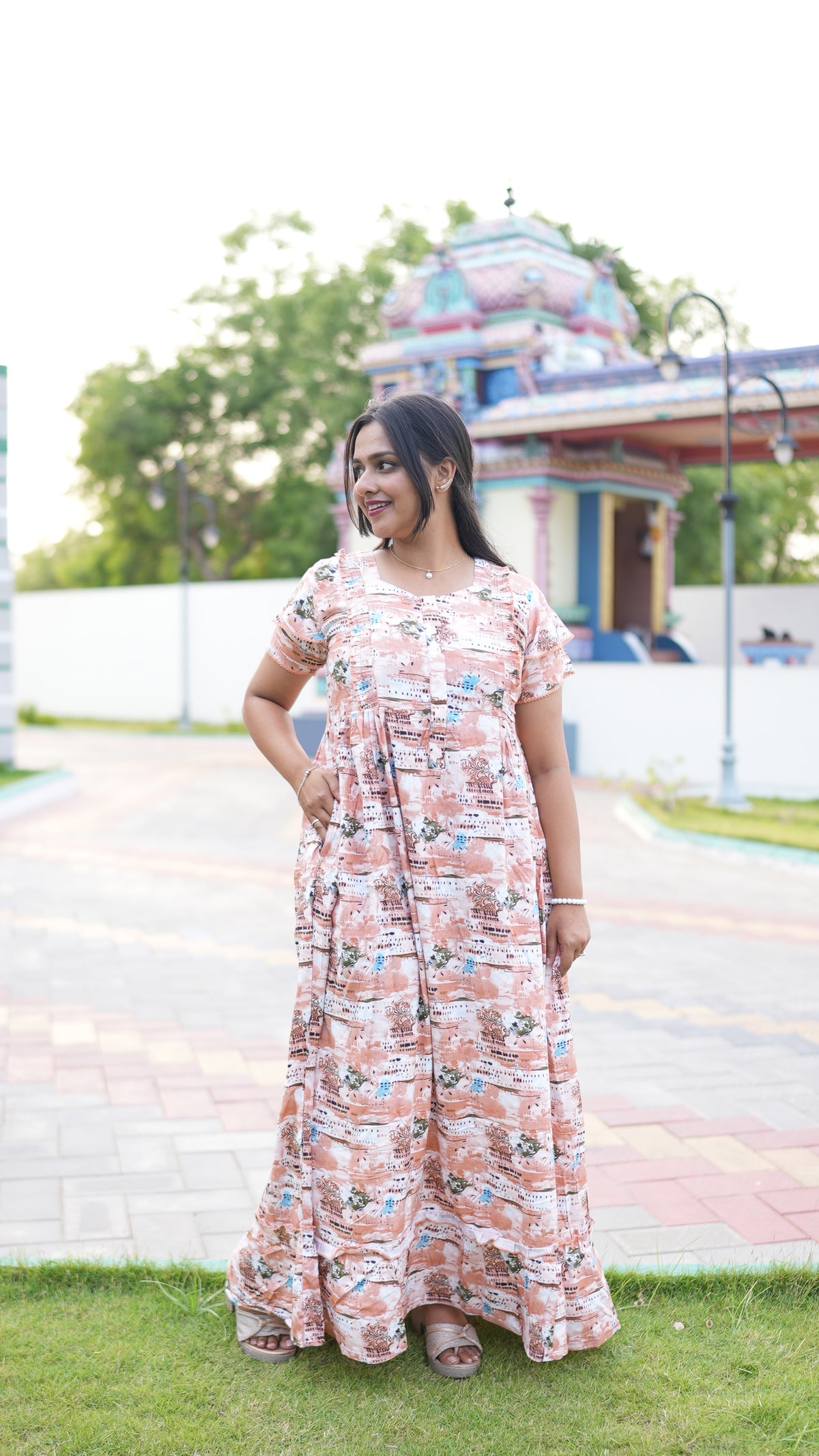 Peach Tribal Mosaic Rayon Feeding Frock – Stylish Front Open Zipper Maternity Dress with Double Layer Sleeves