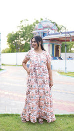 Peach Tribal Mosaic Rayon Feeding Frock – Stylish Front Open Zipper Maternity Dress with Double Layer Sleeves