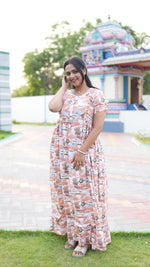 Peach Tribal Mosaic Rayon Feeding Frock – Stylish Front Open Zipper Maternity Dress with Double Layer Sleeves