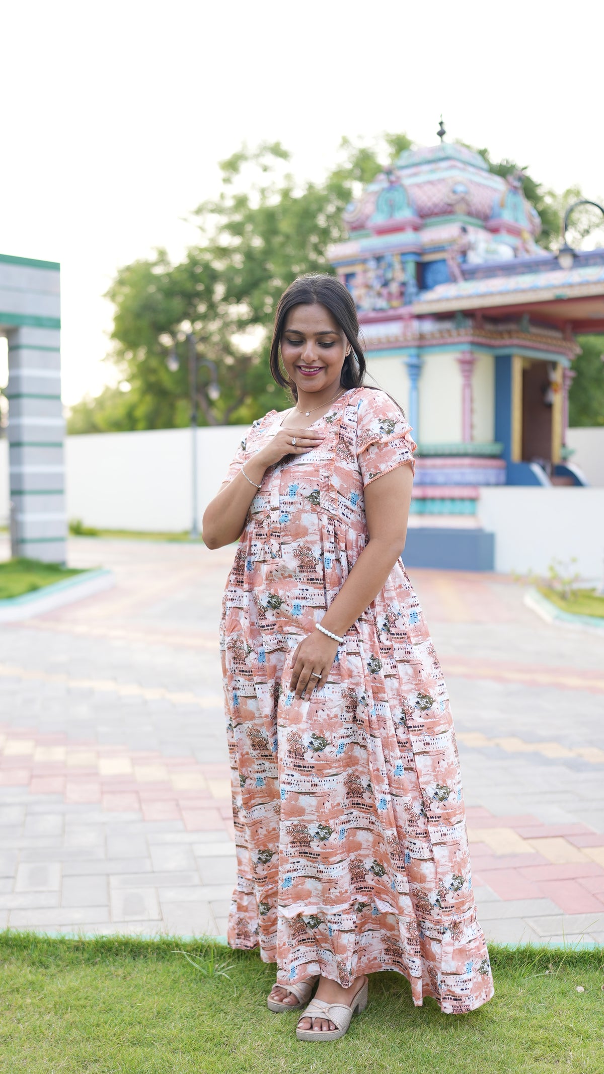 Peach Tribal Mosaic Rayon Feeding Frock – Stylish Front Open Zipper Maternity Dress with Double Layer Sleeves