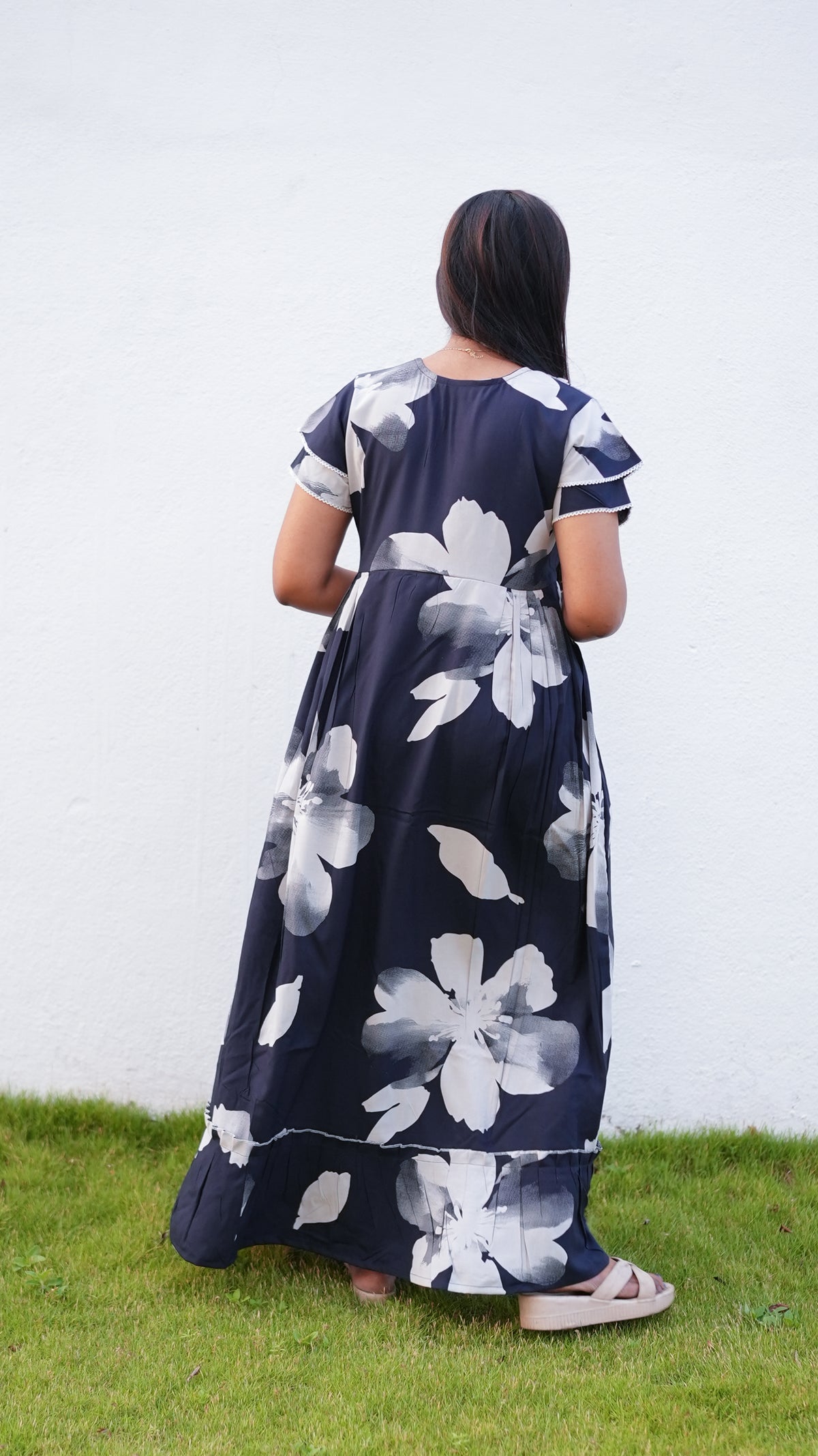 Mint Green Botanical Print Rayon Feeding Frock – Stylish Front Open Zipper Maternity Dress with Double Layer Sleeves