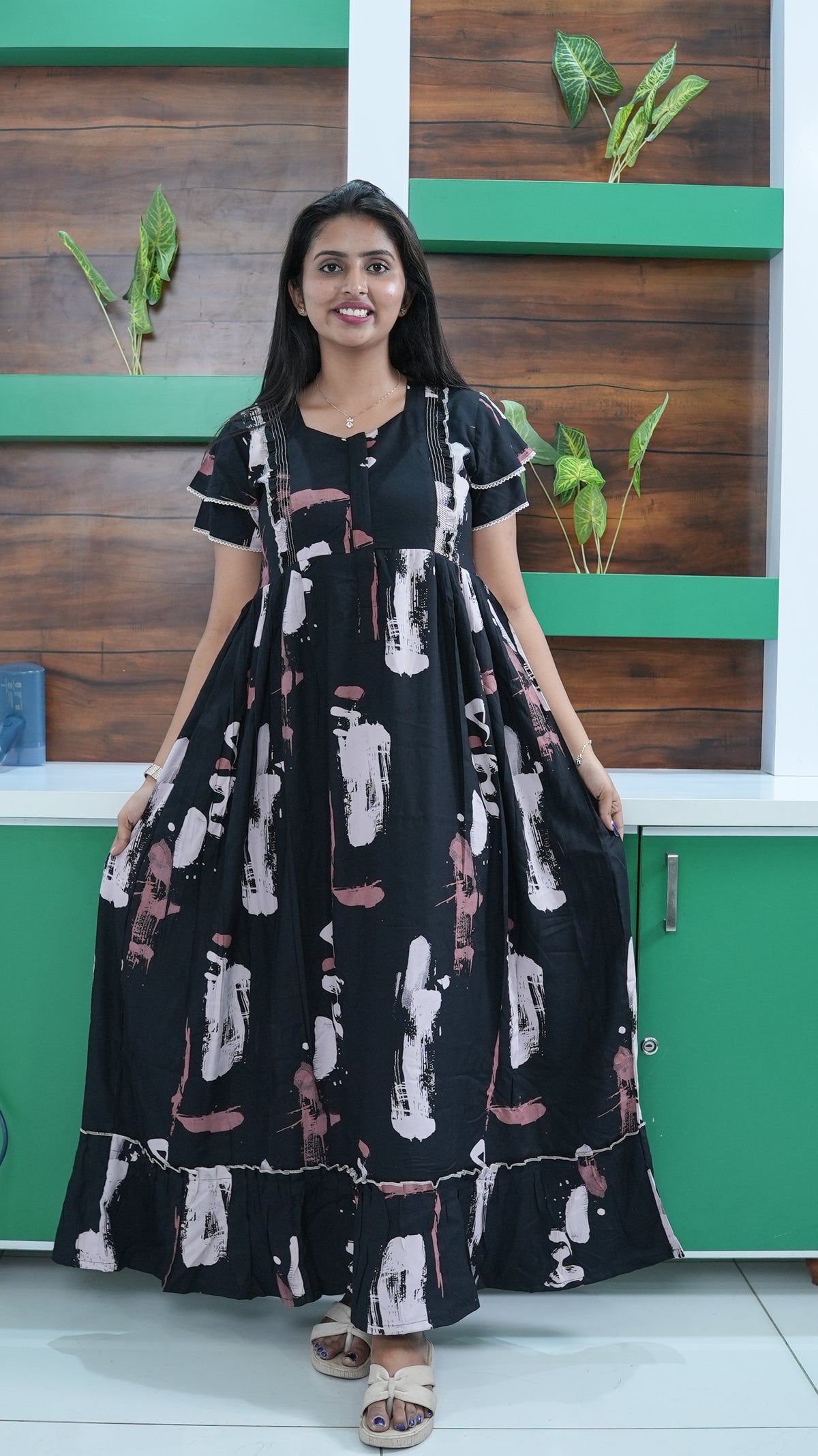 Midnight Black Abstract Brushstroke Rayon Feeding Frock – Stylish Front Open Zipper Maternity Dress with Double Layer Sleeves