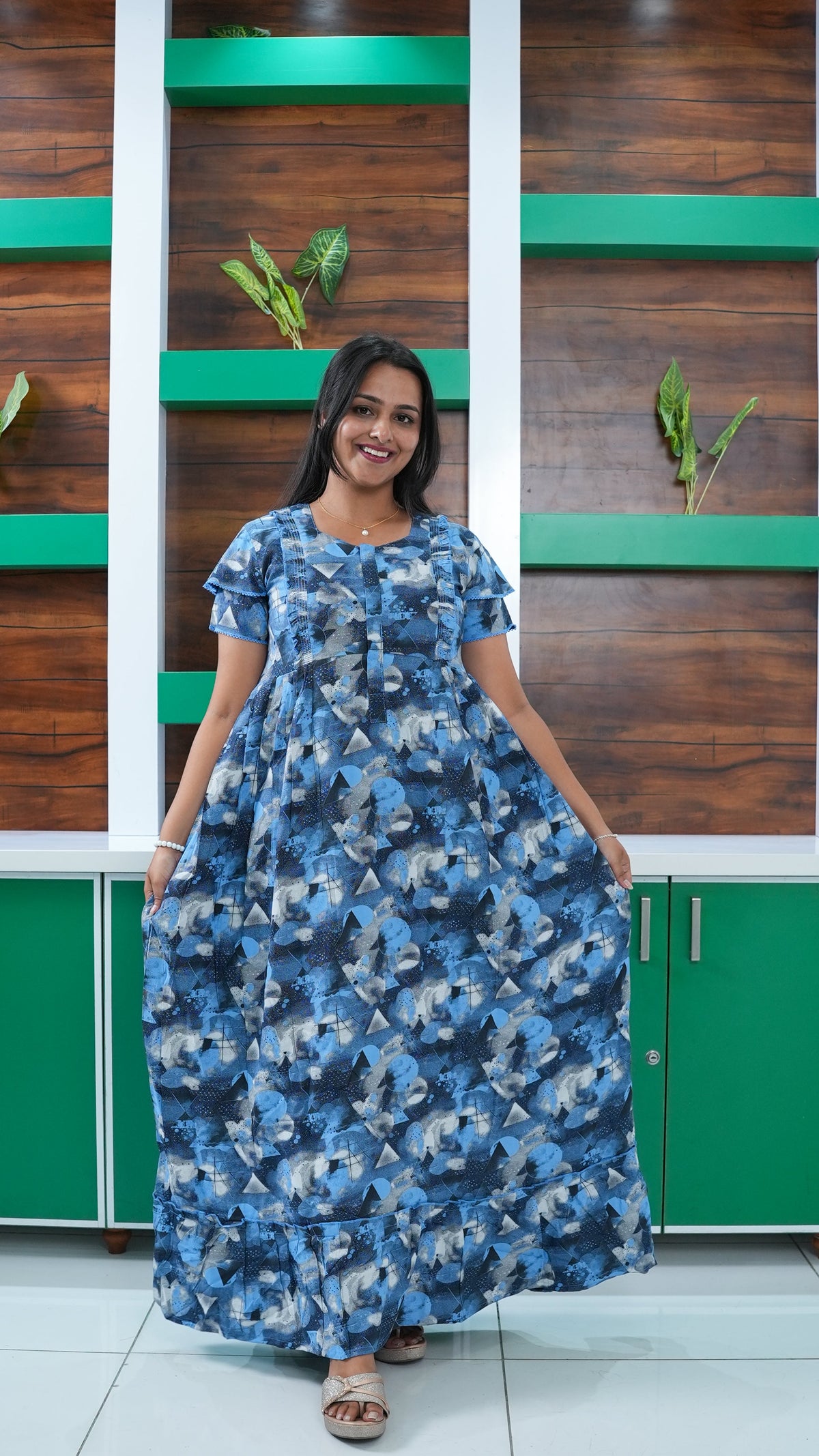 Sky Blue Tribal Mosaic Rayon Feeding Frock – Stylish Front Open Zipper Maternity Dress with Fancy Double Layer Sleeves