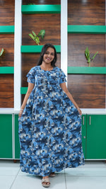Sky Blue Tribal Mosaic Rayon Feeding Frock – Stylish Front Open Zipper Maternity Dress with Fancy Double Layer Sleeves