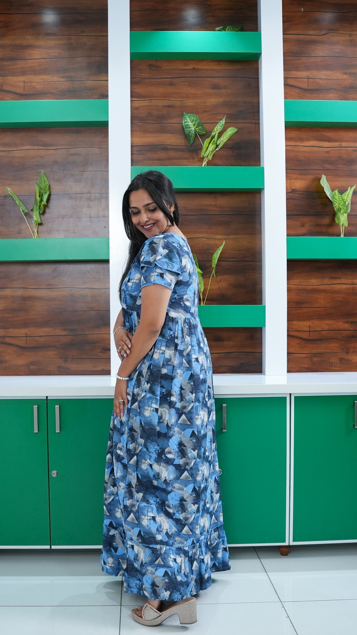 Sky Blue Tribal Mosaic Rayon Feeding Frock – Stylish Front Open Zipper Maternity Dress with Fancy Double Layer Sleeves
