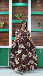Chocolate Brown Autumn Leaf Print Rayon Feeding Frock – Stylish Front Open Zipper Maternity Dress with Double Layer Sleeves