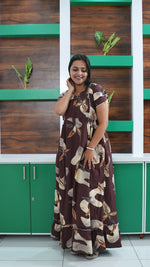 Chocolate Brown Autumn Leaf Print Rayon Feeding Frock – Stylish Front Open Zipper Maternity Dress with Double Layer Sleeves