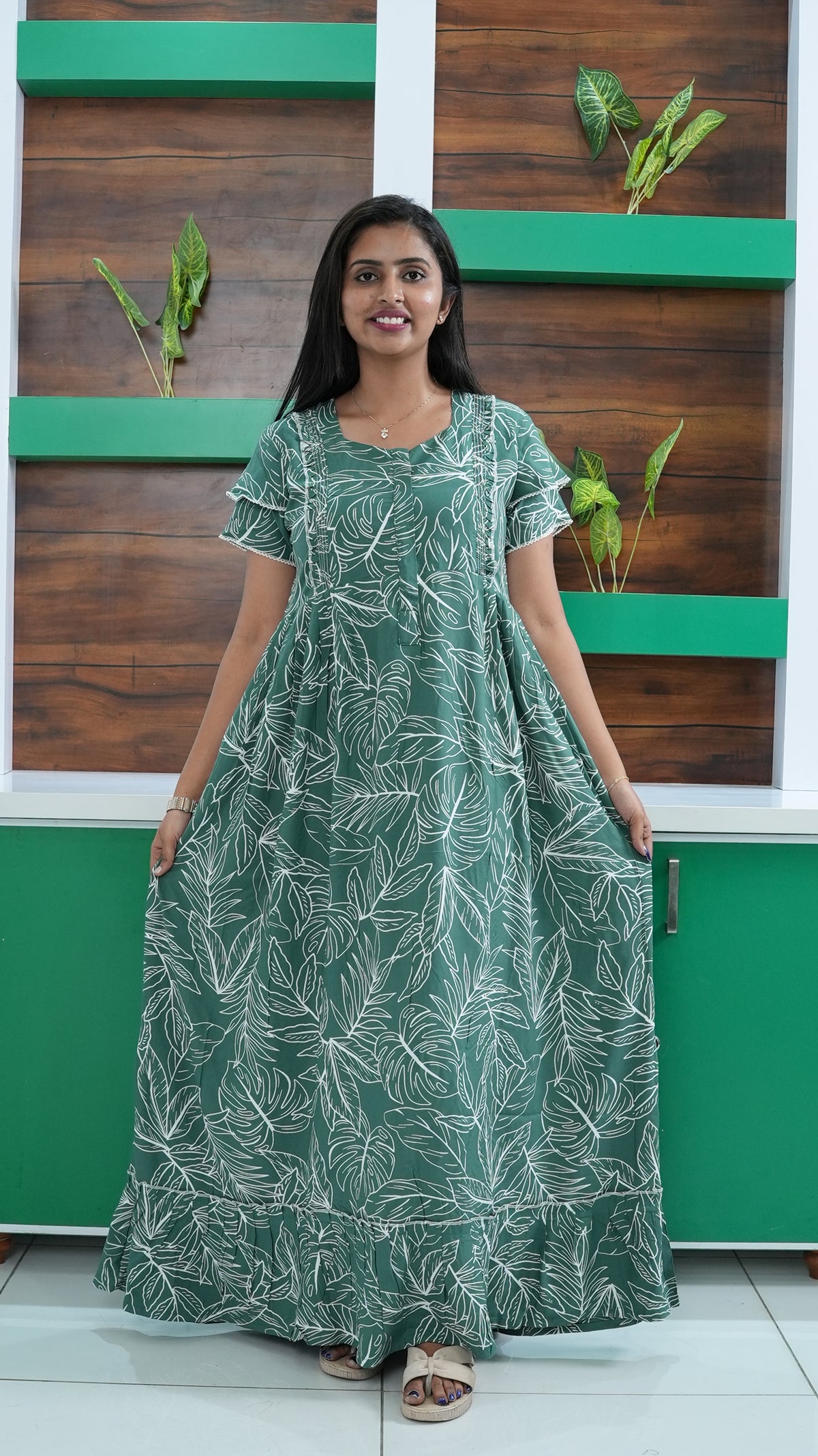 Teal Tropical Monstera Rayon Feeding Frock – Stylish Front Open Zipper Maternity Dress with Double Layer Sleeves