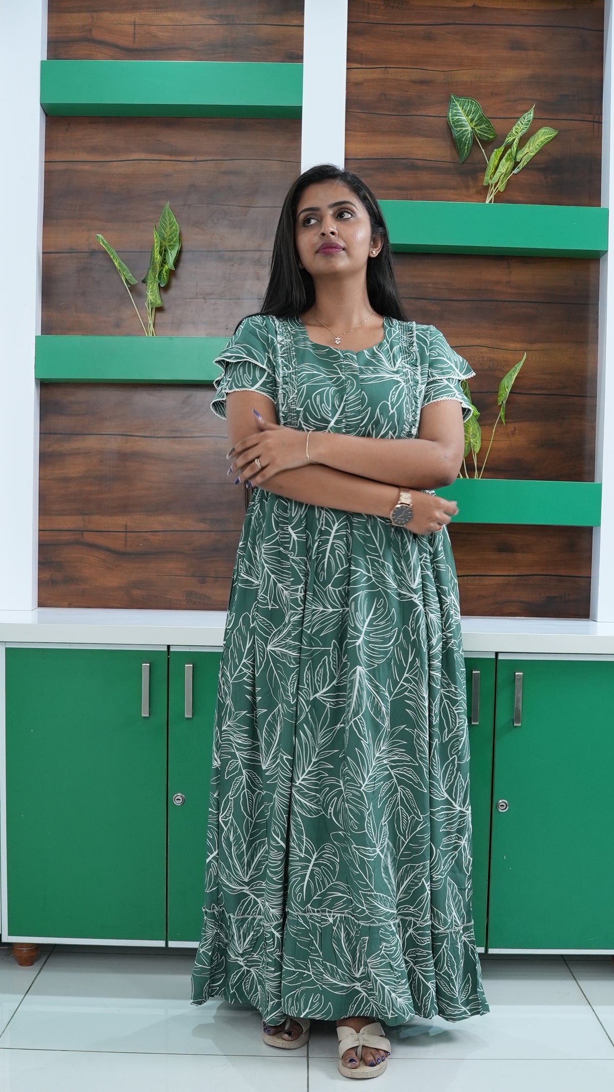 Teal Tropical Monstera Rayon Feeding Frock – Stylish Front Open Zipper Maternity Dress with Double Layer Sleeves