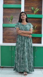 Teal Tropical Monstera Rayon Feeding Frock – Stylish Front Open Zipper Maternity Dress with Double Layer Sleeves