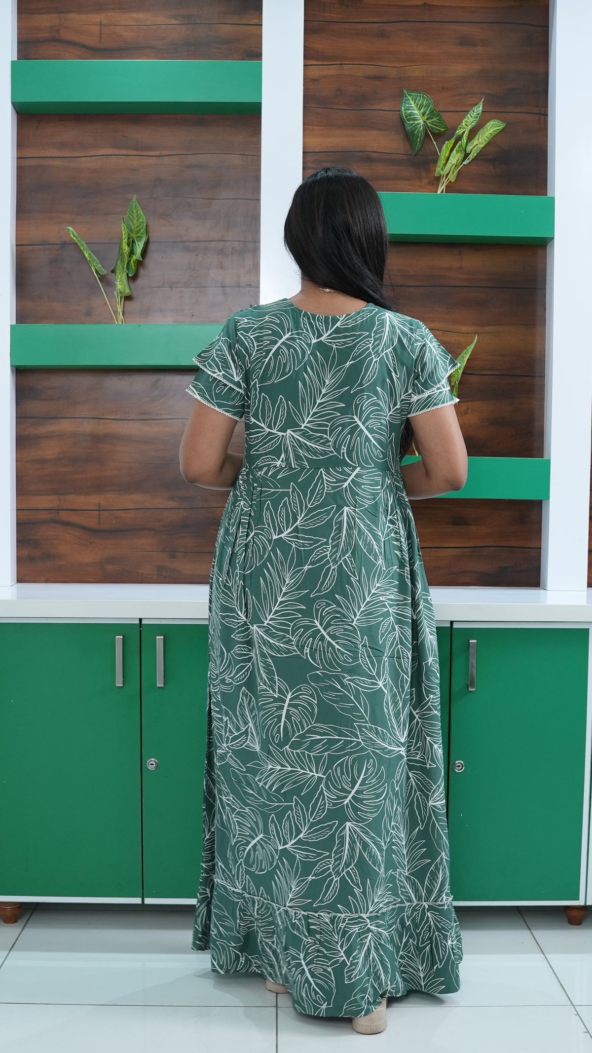 Teal Tropical Monstera Rayon Feeding Frock – Stylish Front Open Zipper Maternity Dress with Double Layer Sleeves