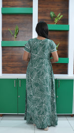 Teal Tropical Monstera Rayon Feeding Frock – Stylish Front Open Zipper Maternity Dress with Double Layer Sleeves