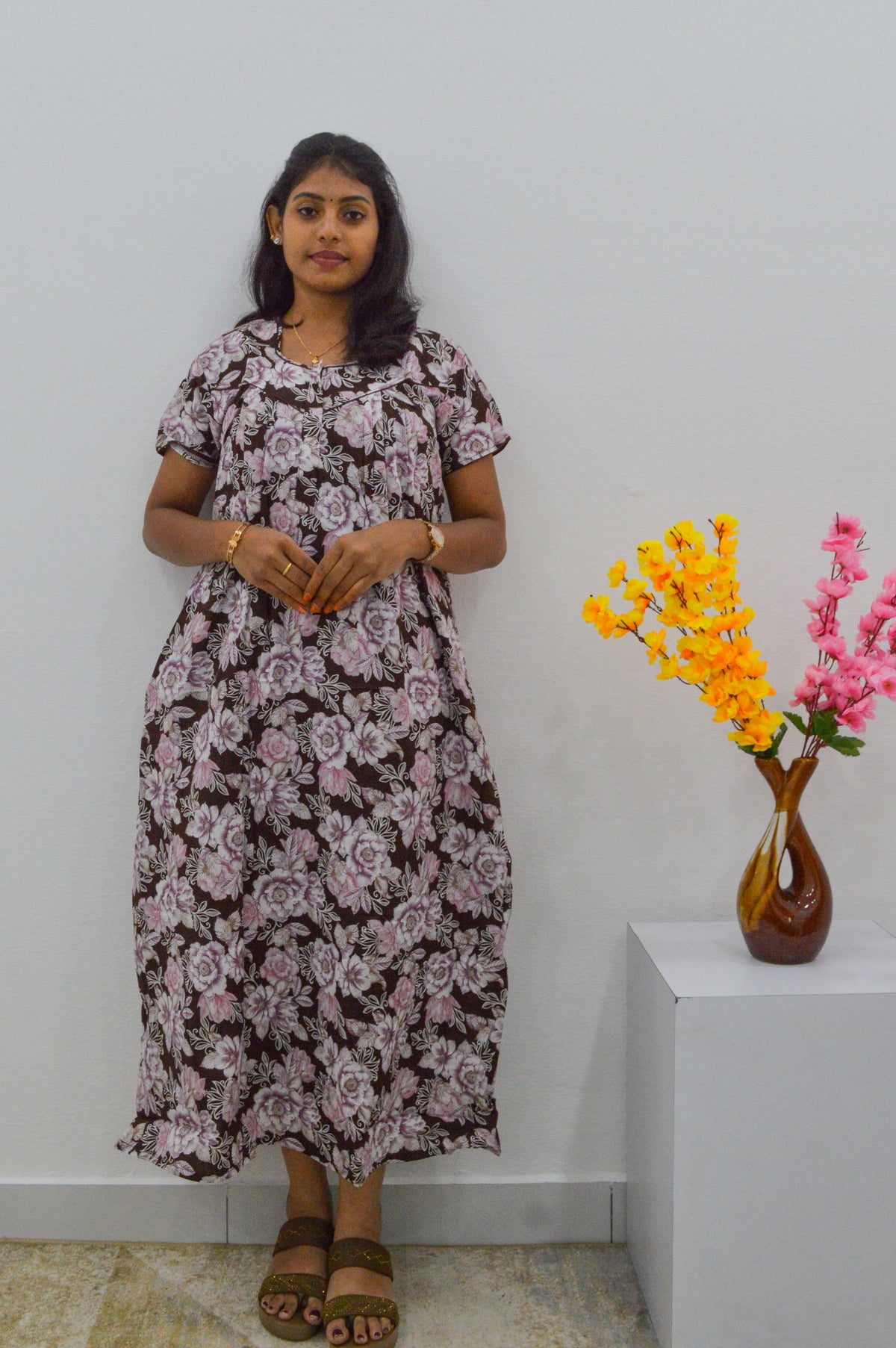 MANGAI Cotton Straight Zip Feeding Nighty |Post Pregnancy | Comfort and Style | Pleated Model | Soft Cotton Feeding Nighties (STF)