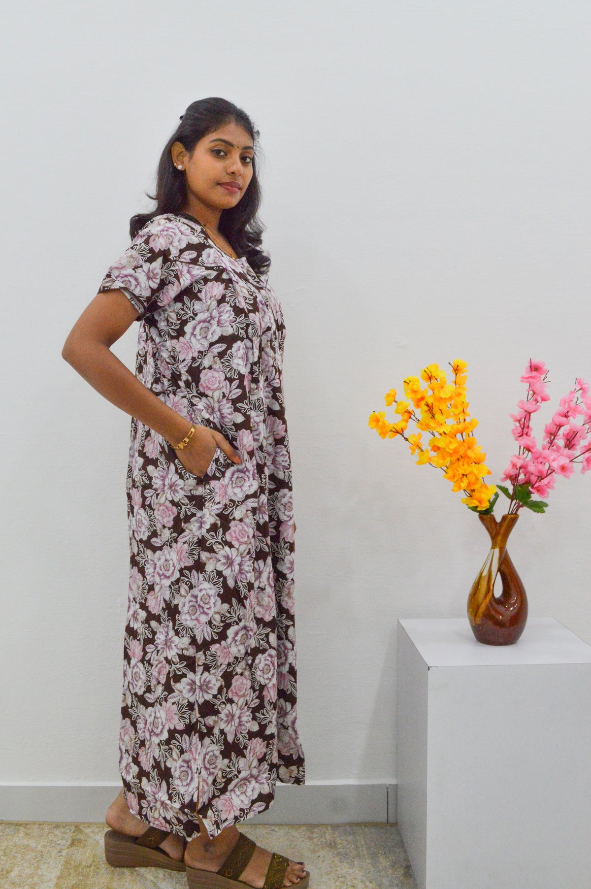 MANGAI Cotton Straight Zip Feeding Nighty |Post Pregnancy | Comfort and Style | Pleated Model | Soft Cotton Feeding Nighties (STF)