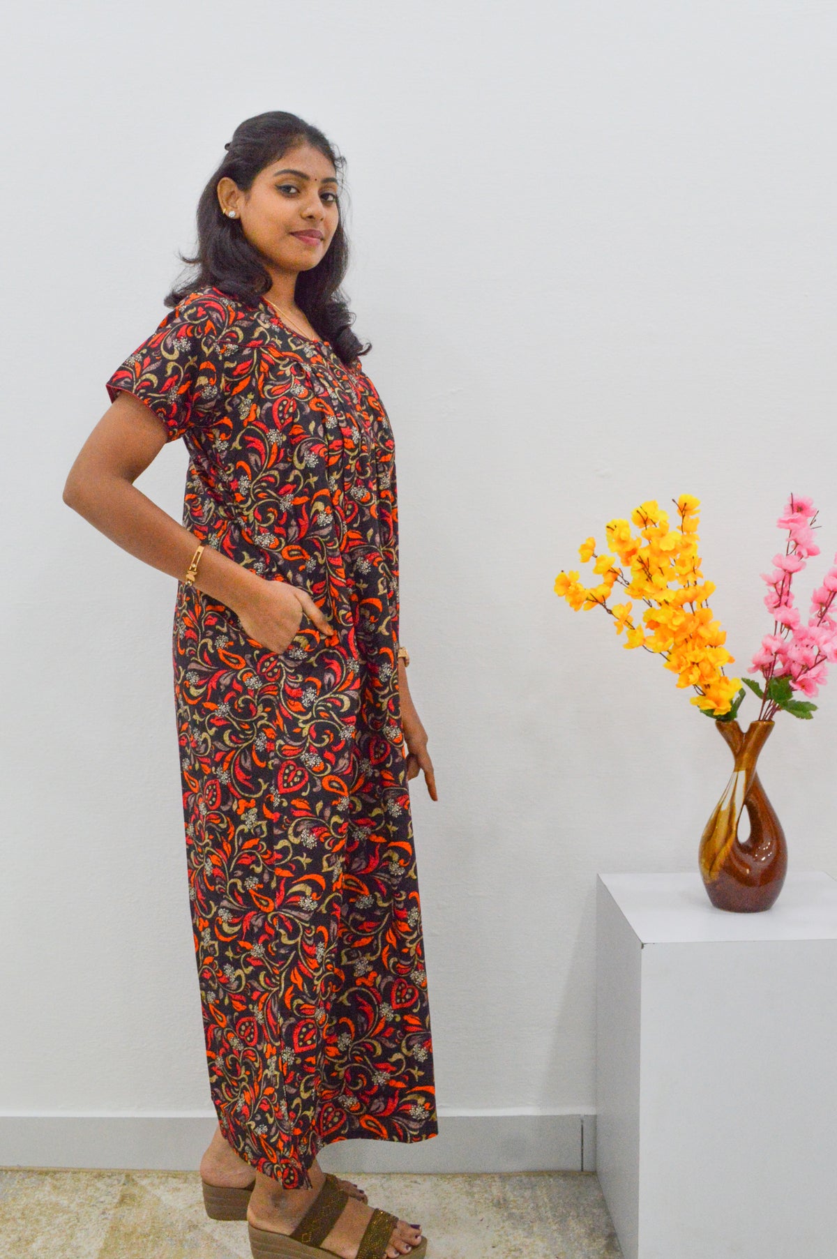 MANGAI Cotton Straight Zip Feeding Nighty |Post Pregnancy | Comfort and Style | Pleated Model | Soft Cotton Feeding Nighties (STF)