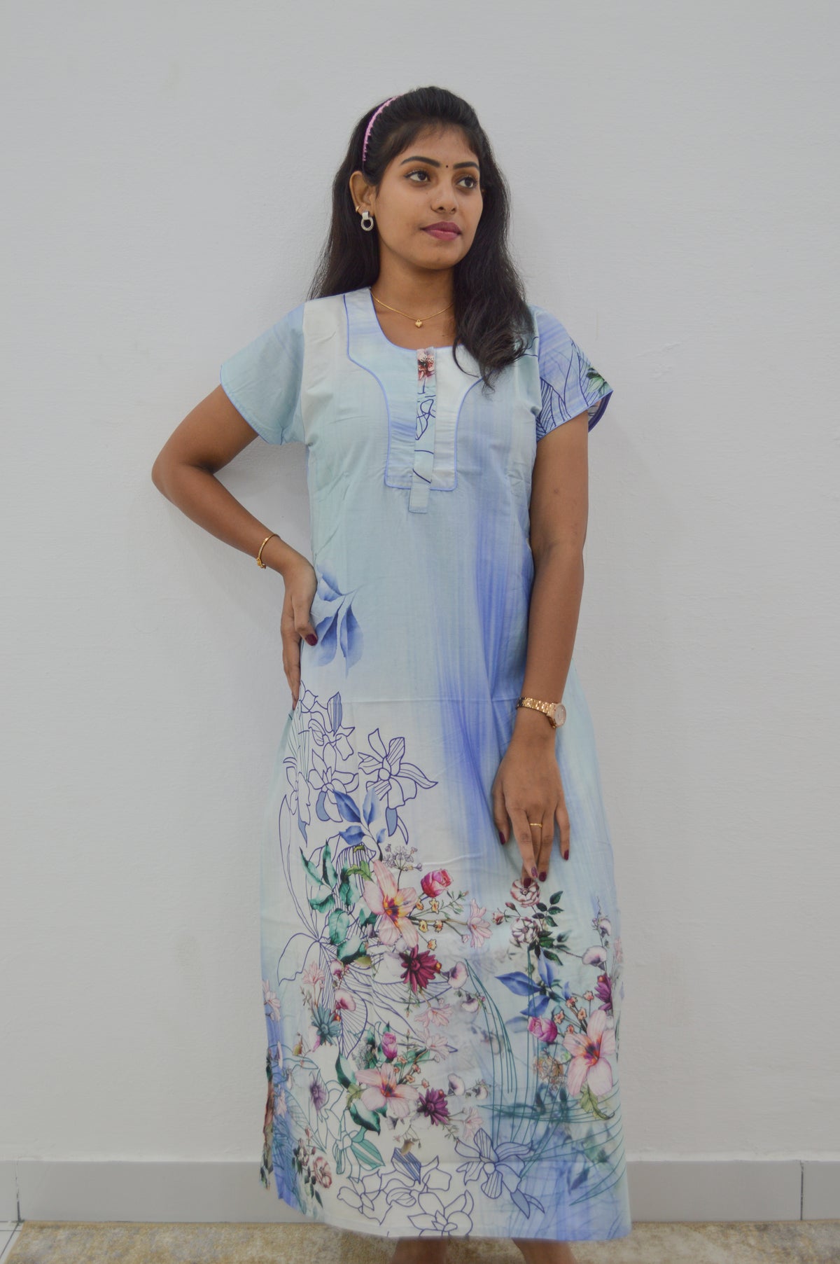 MANGAI New Regular Fit Cotton Printed Nighties - All Over Printed Stylish Nightwear for Stylish Women | Side Cut Pocket | Beautiful Nighties for Stylish Women's | Colourful Printed Cotton Nighties (CMC)