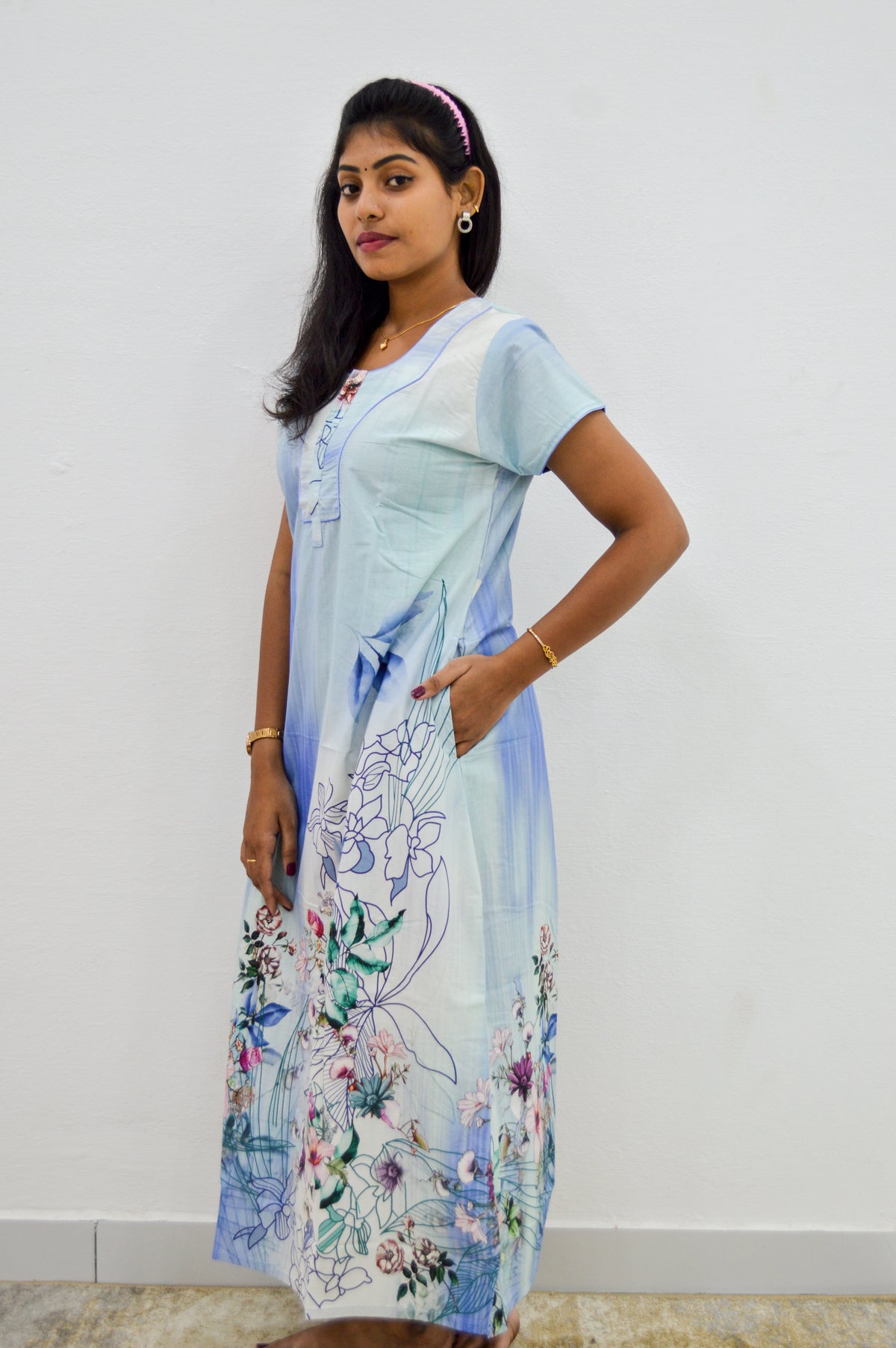 MANGAI New Regular Fit Cotton Printed Nighties - All Over Printed Stylish Nightwear for Stylish Women | Side Cut Pocket | Beautiful Nighties for Stylish Women's | Colourful Printed Cotton Nighties (CMC)