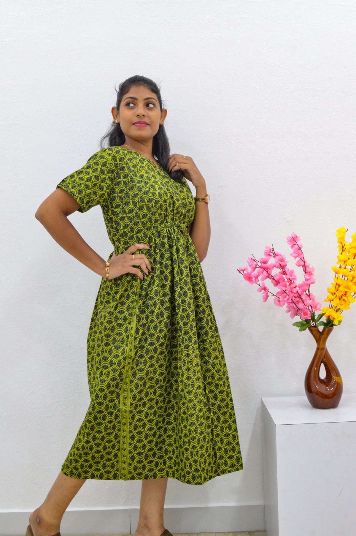 Cotton Gathering Frock for Summer Arrivals | Side Pocket | Button Closed | Elegant Casual Night Wear for Trendy Women's (FKC)