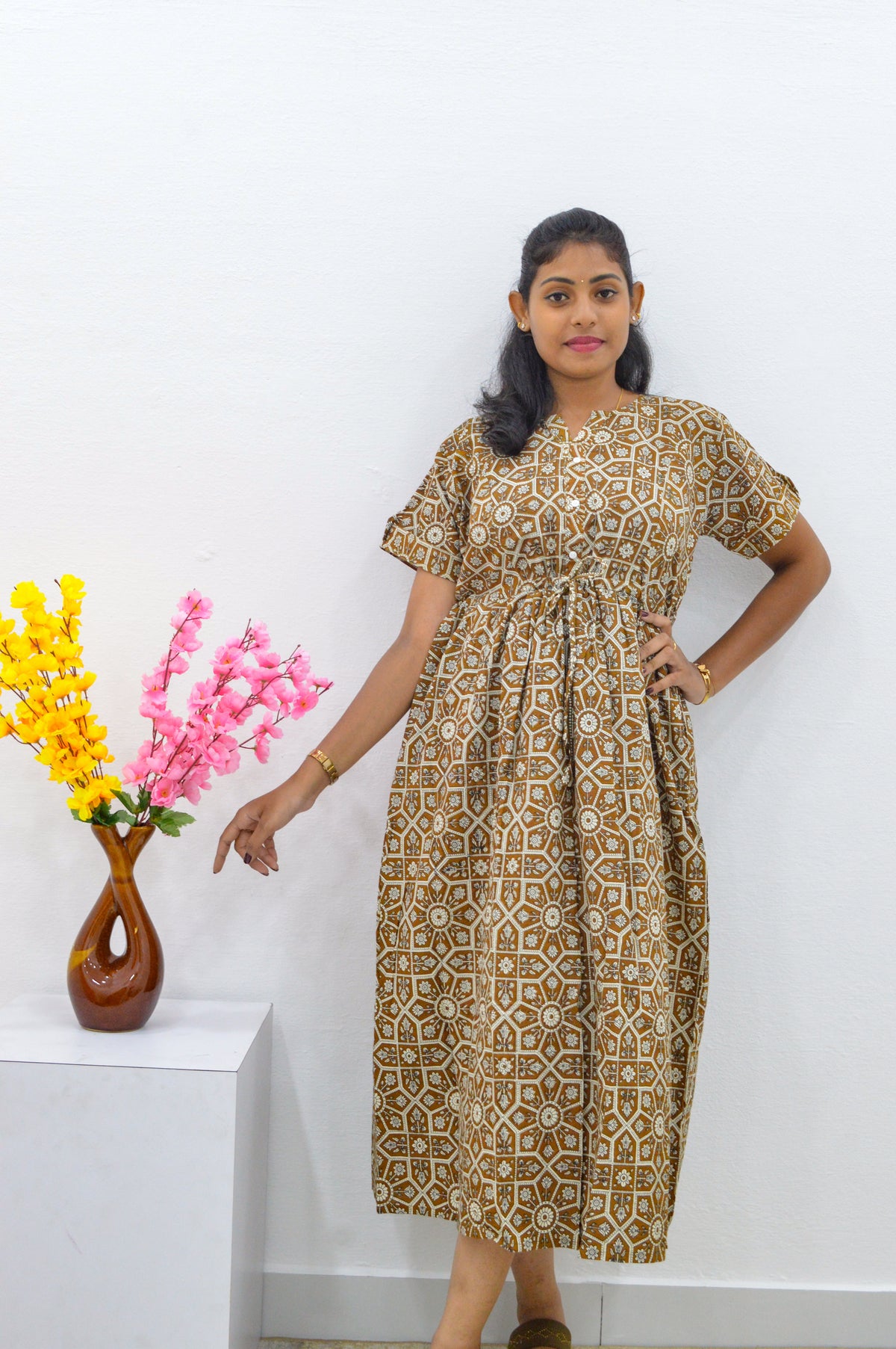 Cotton Gathering Frock for Summer Arrivals | Side Pocket | Button Closed | Elegant Casual Night Wear for Trendy Women's (FKC)