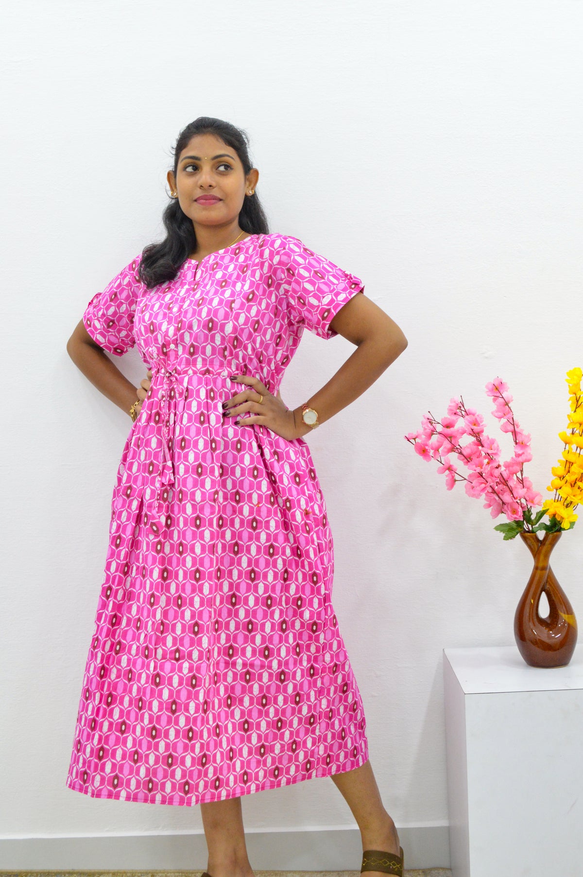 Cotton Gathering Frock for Summer Arrivals | Side Pocket | Button Closed | Elegant Casual Night Wear for Trendy Women's (FKC)