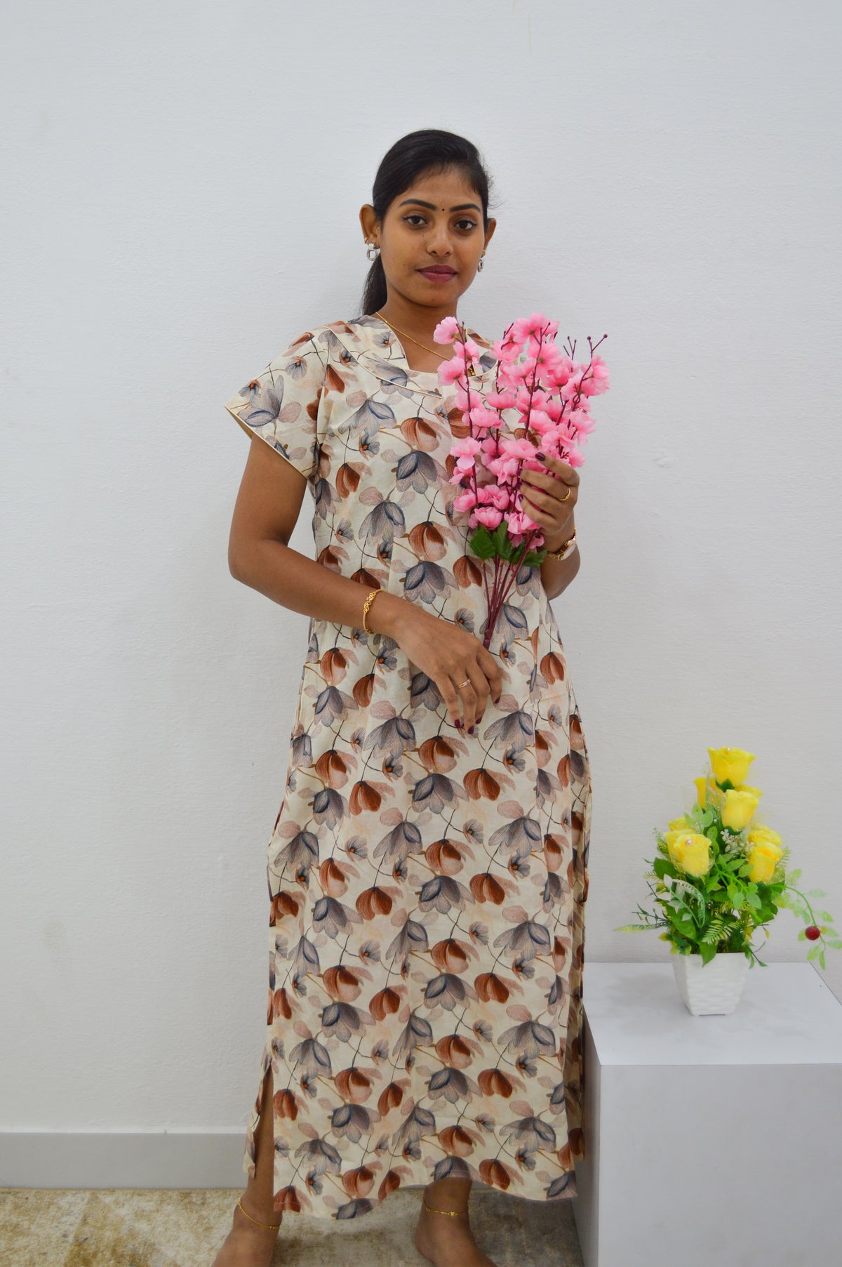 MANGAI New Regular Fit Cotton Printed Nighties - All Over Printed Stylish Nightwear for Stylish Women | Side Cut Pocket | Beautiful Nighties for Stylish Women's | Colourful Printed Cotton Nighties (CMC)